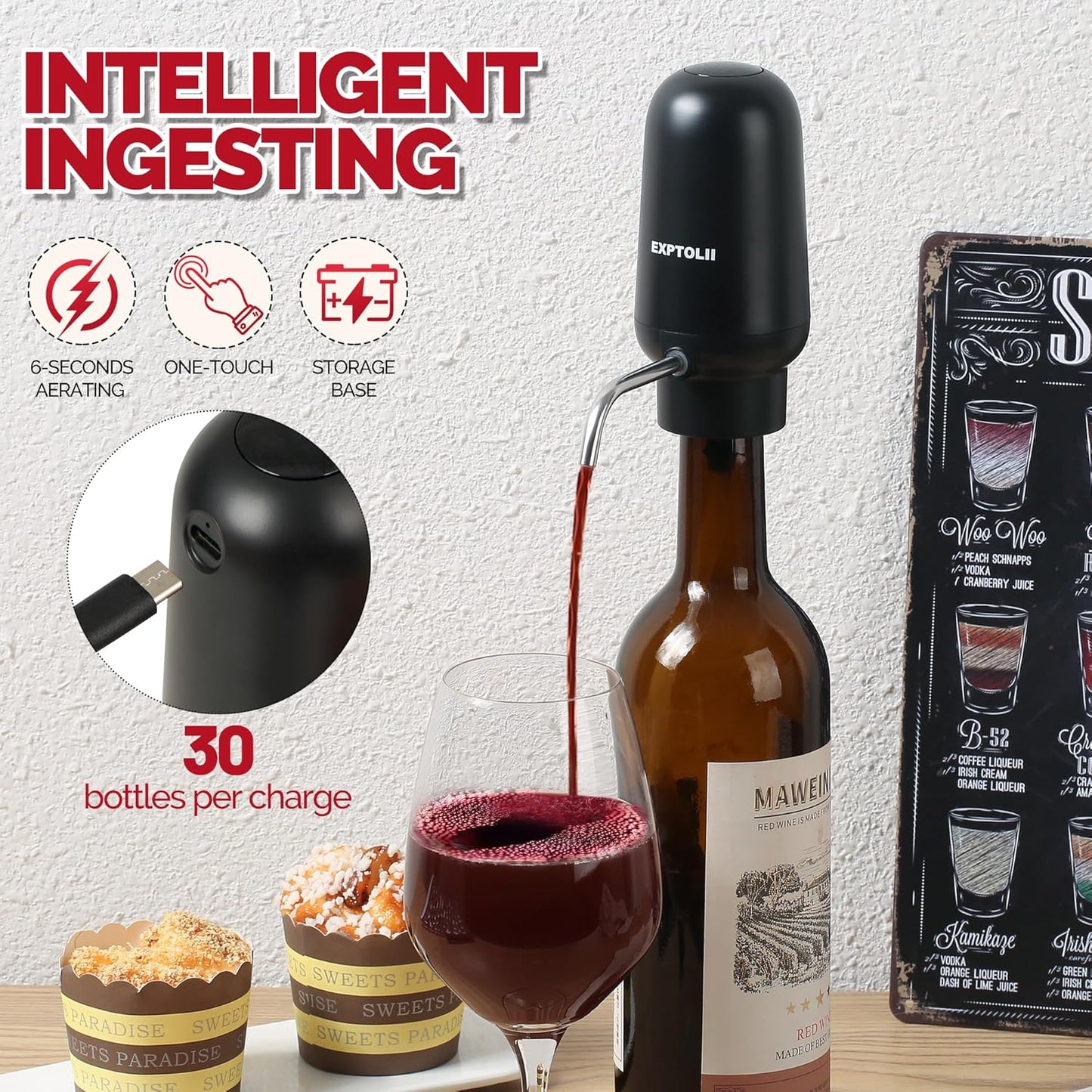 Wine Aerator, Electric Wine Decanter, Automatic Wine Pourer, One Touch Wine Dispenser, Wine Lover Gifts for Red and White Wine Re-Chargeable